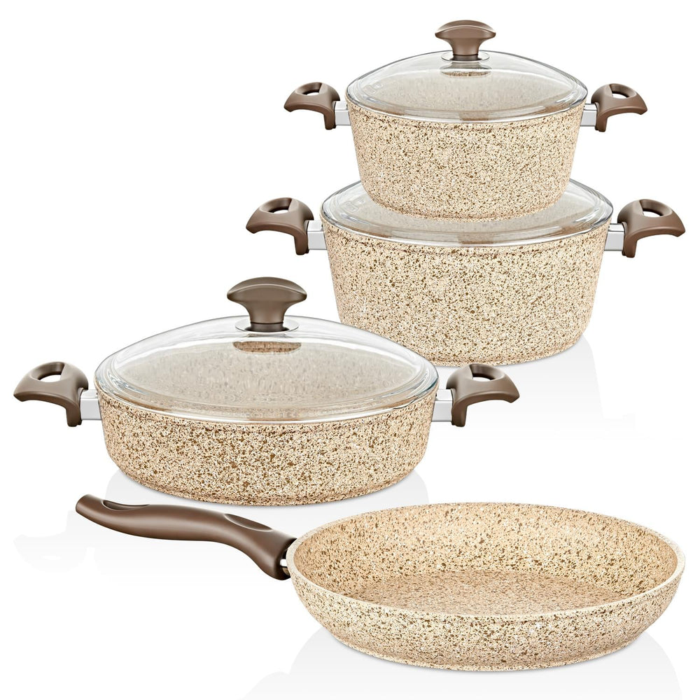 Creamy 7 Parça Granit Tencere Seti - 18-22 cm Derin 26 cm Karnıyarık 26 cm Tava