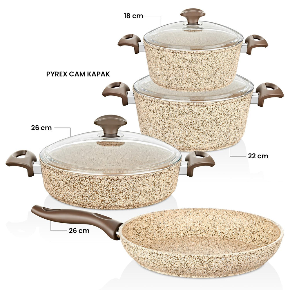 Creamy 7 Parça Granit Tencere Seti - 18-22 cm Derin 26 cm Karnıyarık 26 cm Tava