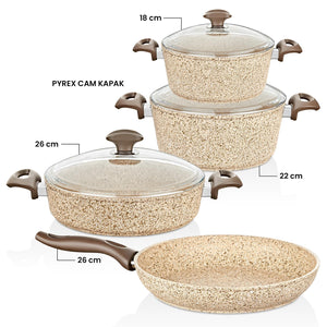 Creamy 7 Parça Granit Tencere Seti - 18-22 cm Derin 26 cm Karnıyarık 26 cm Tava